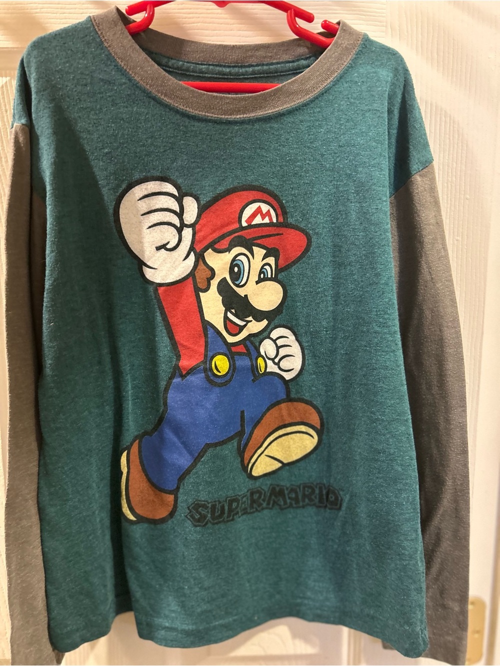 Nintendo Boys Super Mario Long Sleeve Raglan Shirt Size Small S Teal Gray 2018